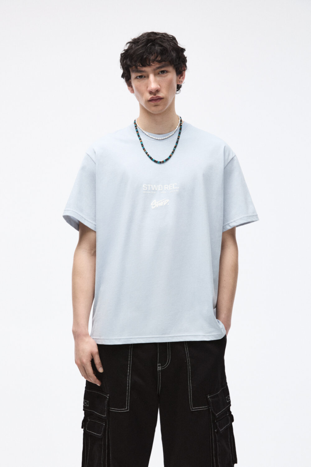 Pull & Bear STWD Printed Blue Dropshoulder Oversized Tshirt
